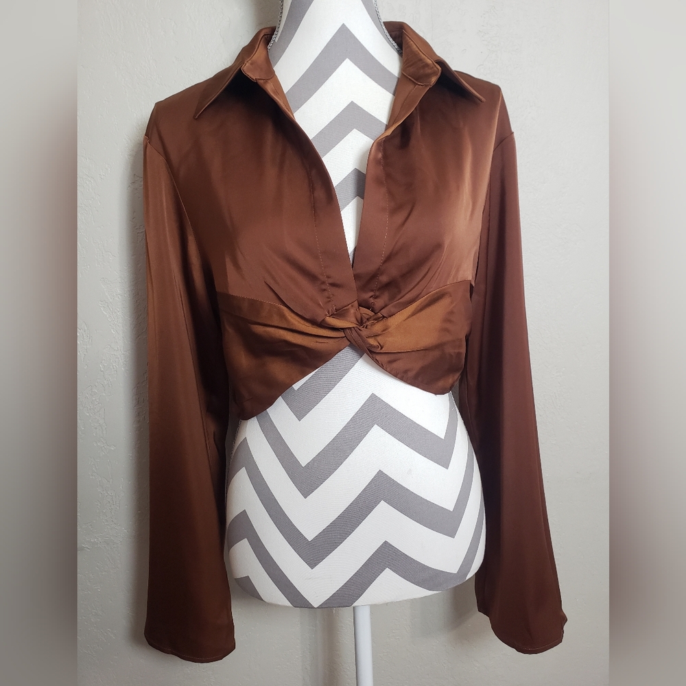Brown Satin Cropped Blouse with Twist Front